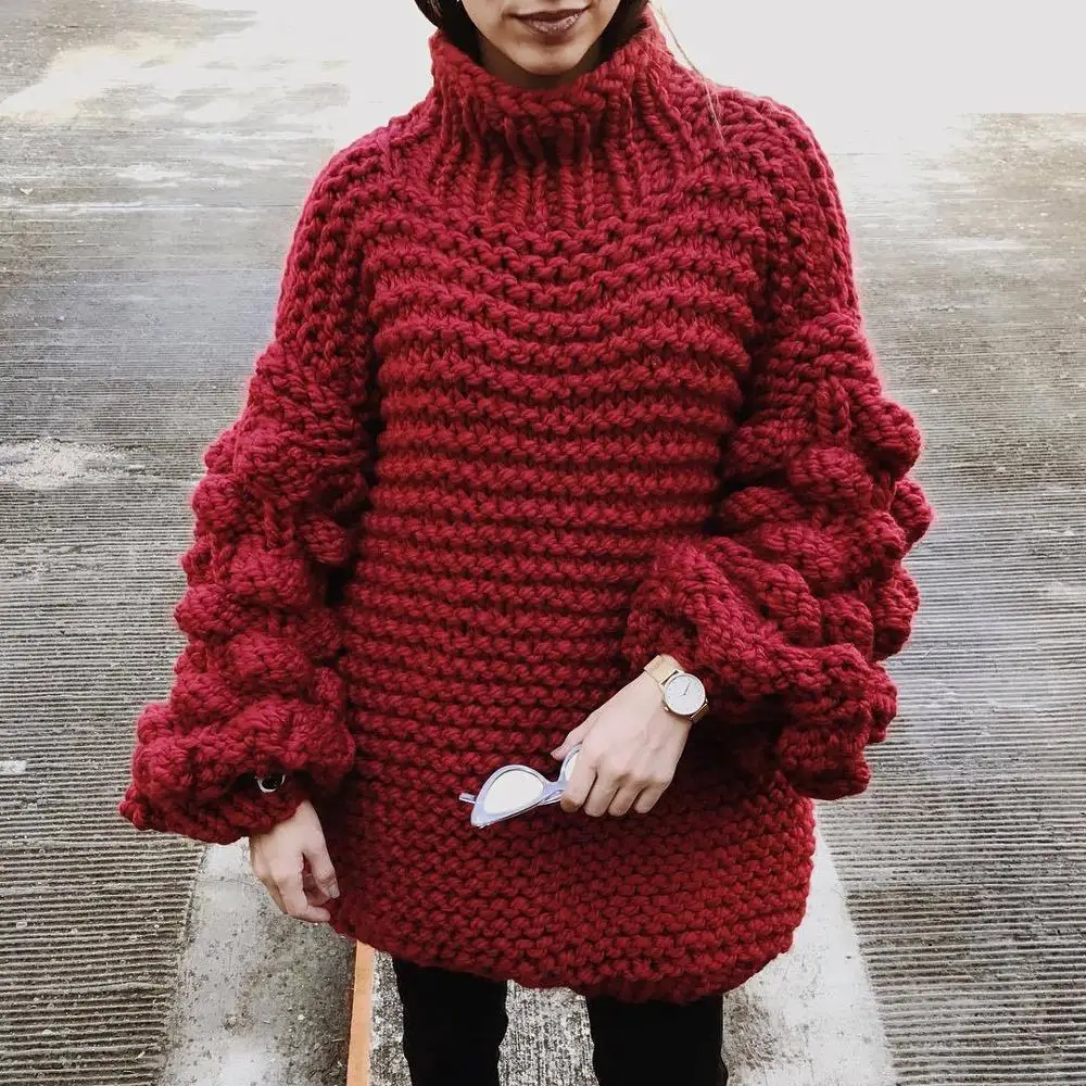 Cable Knit Sweater Women Autumn Winter Vintage Lazy Wind Balls Lantern Sleeve Hand-knitted Chunky Mohair Pull femme | Женская одежда