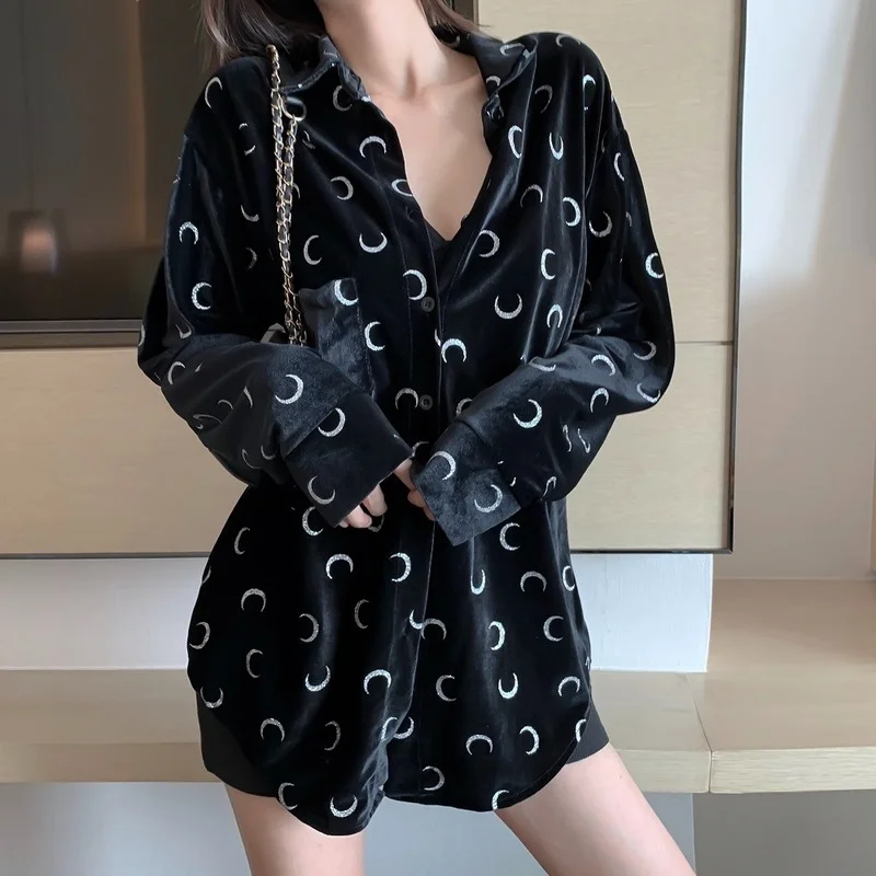 

Velour Blouse Women Long Sleeve Lapel Ladies Blouse Loose Female Velvet Shirts Crescent Pattern Tops Hipster Streetwear Vintage