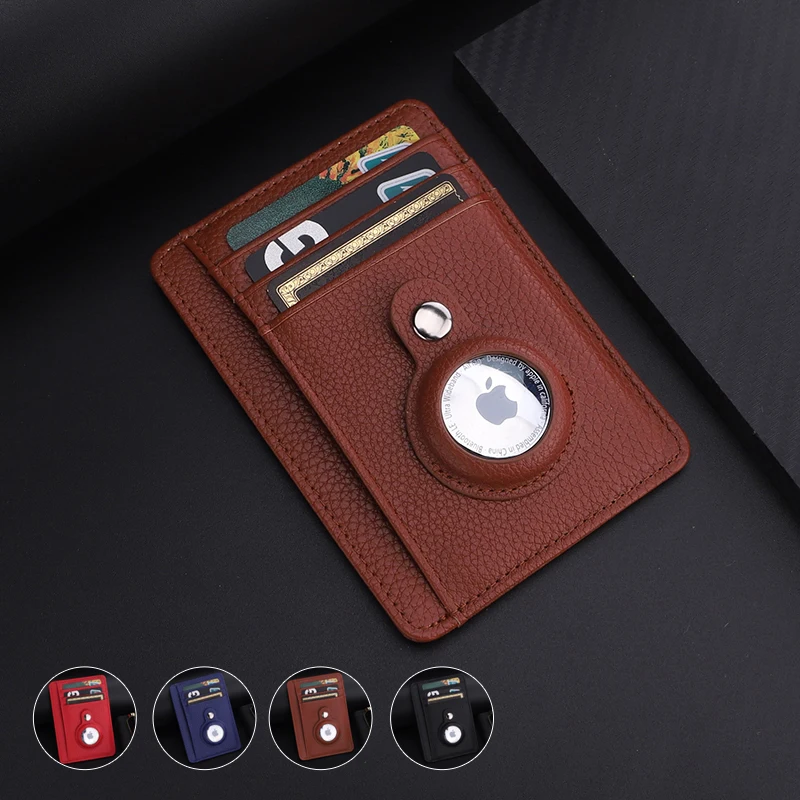 

High Quality Slim Minimalist Leather For AirTag Wallet Card Protective Case Shockproof Protection Lychee Leather Shell Cover