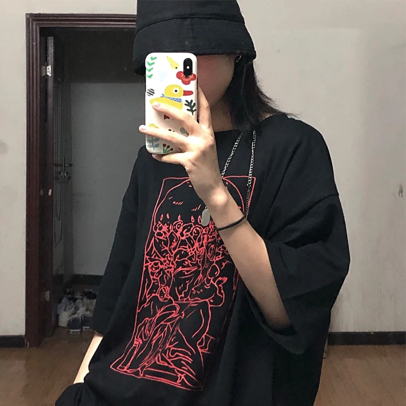 Черная Женская футболка в стиле панк Харадзюку уличная одежда свободные топы