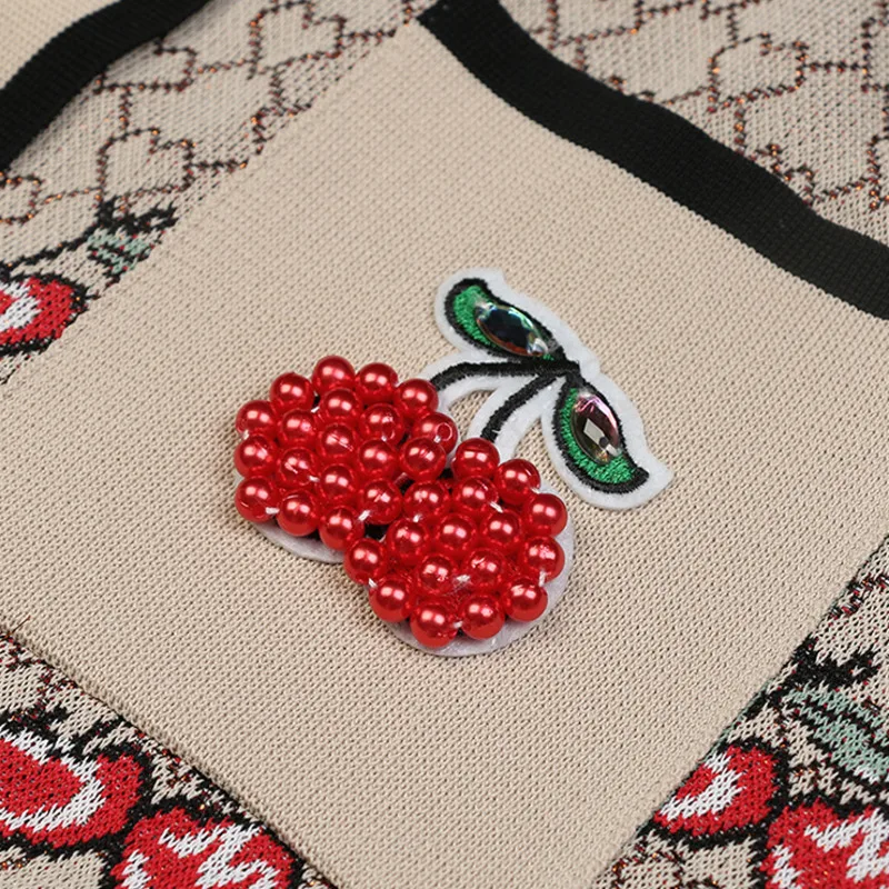 

Vintage Cherry Knit Two Piece Set Women Outfits Crop Top + Bodycon Mini Skirt Sets Girls Pullover Sweater 2 Peice Skirt Suits