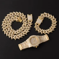 hip hop 19mm 3pcs jewely wet watch necklace bracelet bling aaa iced out alloy rhinestones thorns cuban link chains for men guys