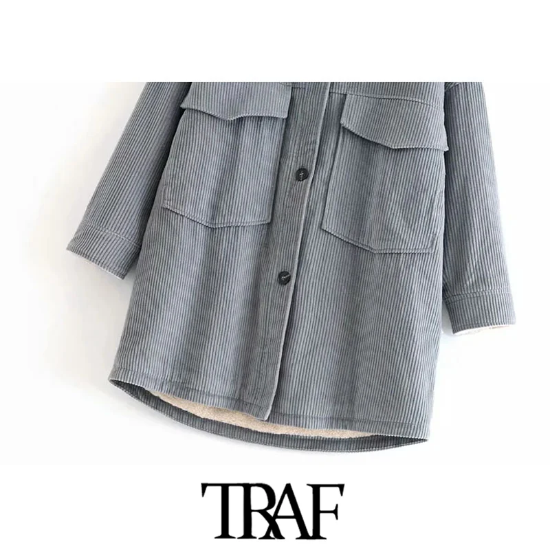 

TRAF Women Fashion With Fleece Thick Warm Corduroy Jacket Coat Vintage Long Sleeve Pockets Female Outerwear Chic Tops