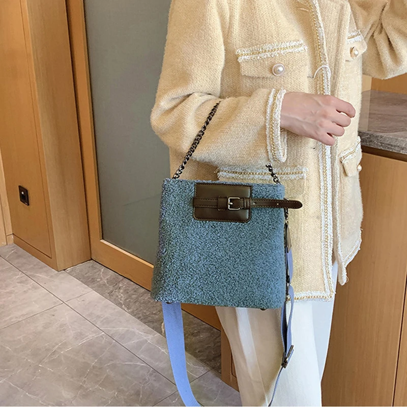 Mododiino шерстяная сумка-ведро женская мини сумка через плечо с цепочкой для зимы