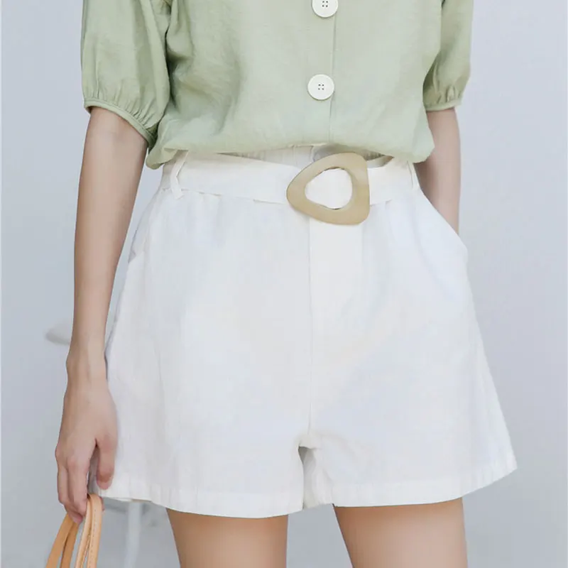 Шорты женские хлопковые с высокой талией белые свободные однотонные V10 лето 2021 |