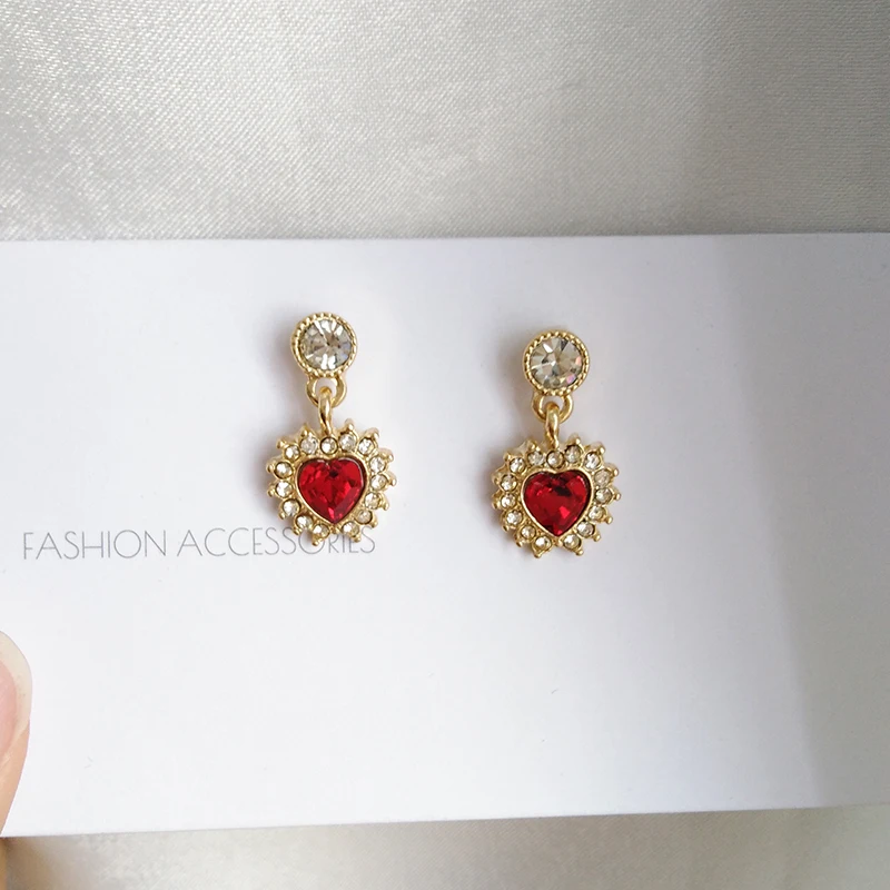 Женские серьги подвески с красным кристаллом в форме сердца|Серьги-подвески| |