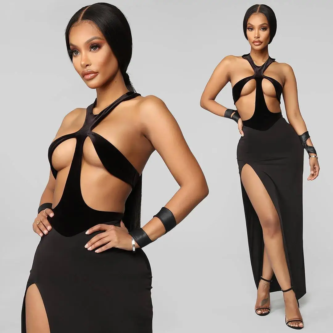 

New sexy cross halter dress deep V-neck dress long sleeve dress women dress