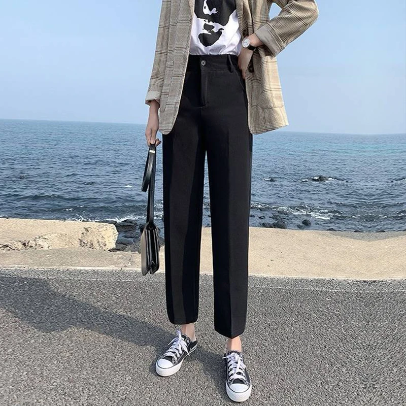 

Женские прямые брюки на весну и осень, повседневные эластичные черные универсальные укороченные брюки с высокой талией и широкими штанинам...