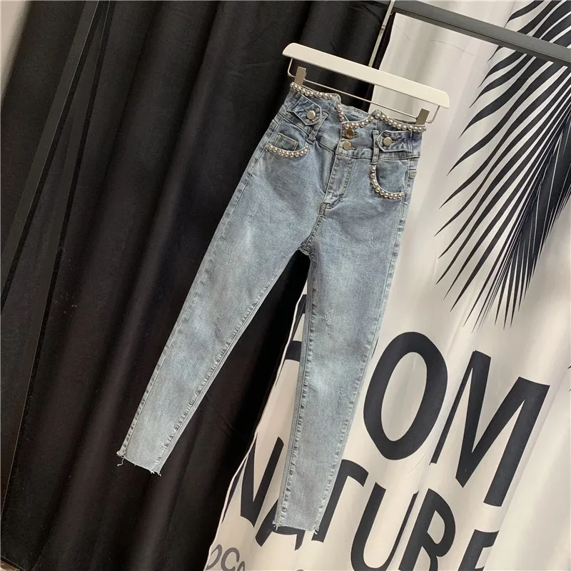 Европейские летние тонкие женские джинсовые узкие брюки с высокой талией модные