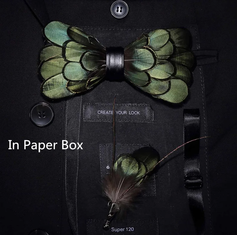 04 set in paper box RBOCOTT оригинальные зеленые Птицы Перо галстуки-бабочки натуральная ручная работа брошь-бант в деревянной коробке Подарочная коробка набор для мужчин деловые Вечерние - Цвет: 04 set in paper box