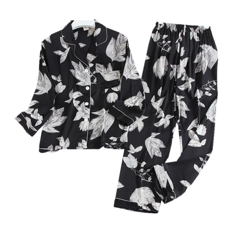 

Spring Autumn Couple's Pajamas Suit Long Sleeve Pants 2PCS Suit SatinPrinted Lapel Home Wear Women's Casual Pijamas Sleepwear