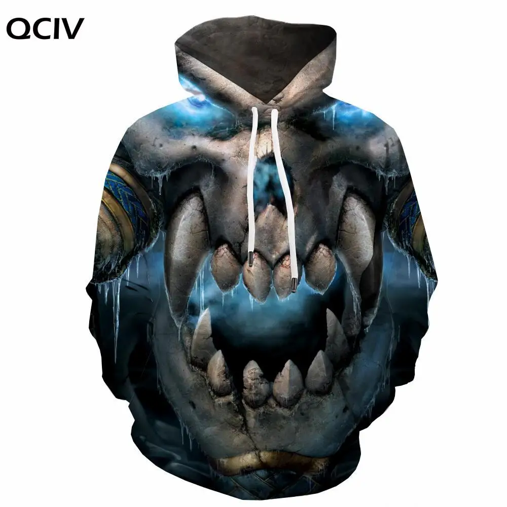 

QCIV Brand Skull Hoodie Men Punk 3d Printed Beast Hoody Anime Blue Hooded Casual Angle Hoodie Print Mens Clothing Hip Hop Winter