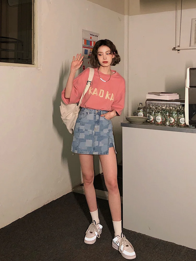 Женская джинсовая юбка с завышенной талией голубая тонкая трапециевидная