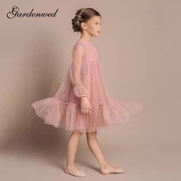 gardenwed polka dot puffy pink flower girl dresses kids long sleeves prom dress tulle ruffles girl weddingscelebrity dresses