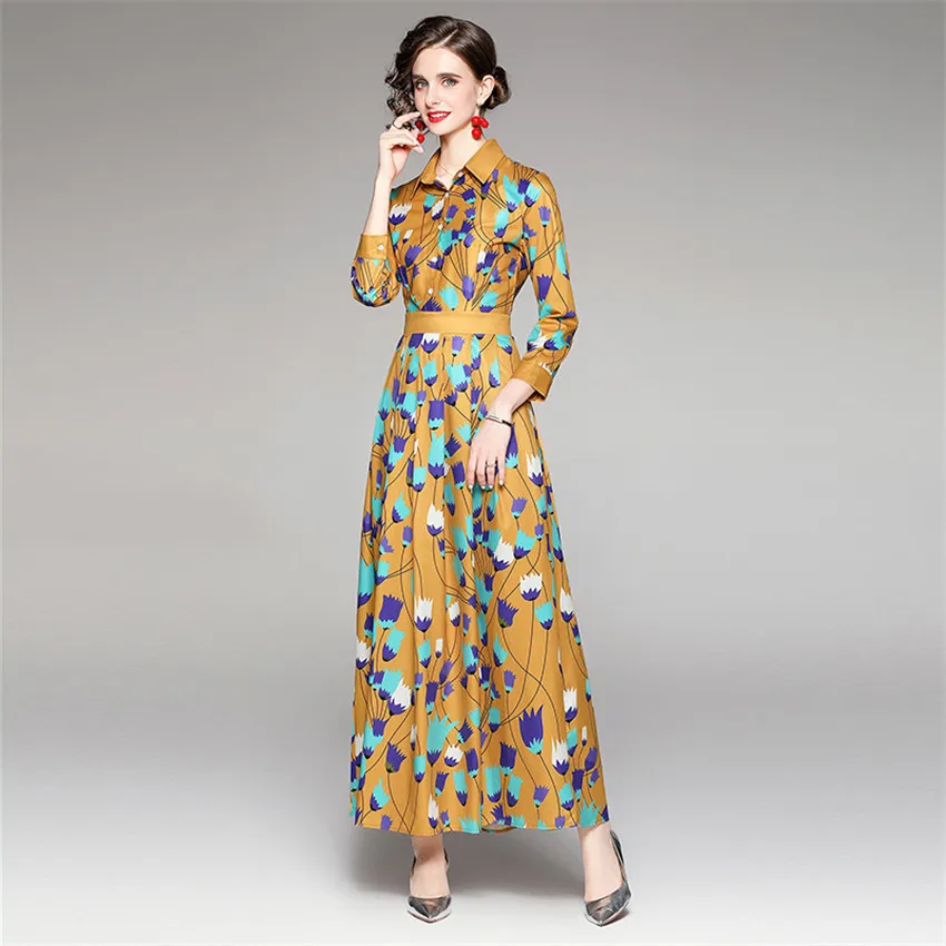 

Женское праздничное платье-рубашка в Европейском стиле, однобортное длинное платье-рубашка с длинным рукавом, Осенние винтажные праздвече...