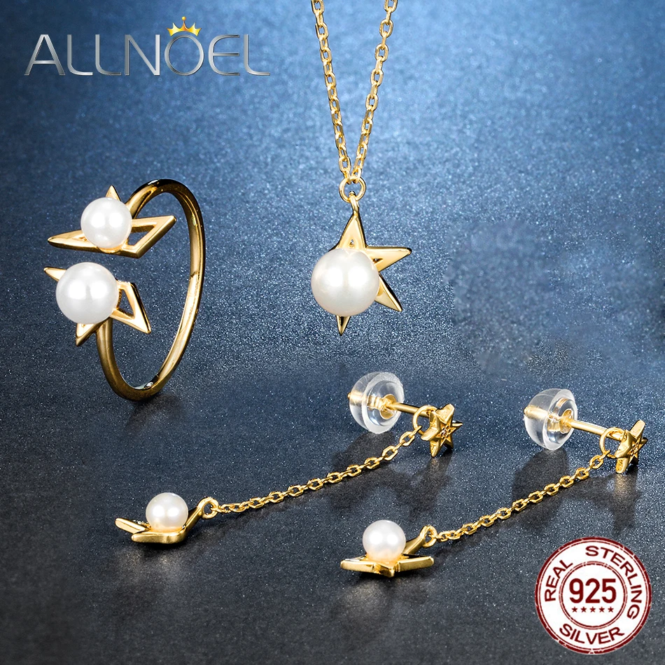 ALLNOEL настоящее 925 пробы Серебряное полузвездочное жемчужное кольцо ожерелье