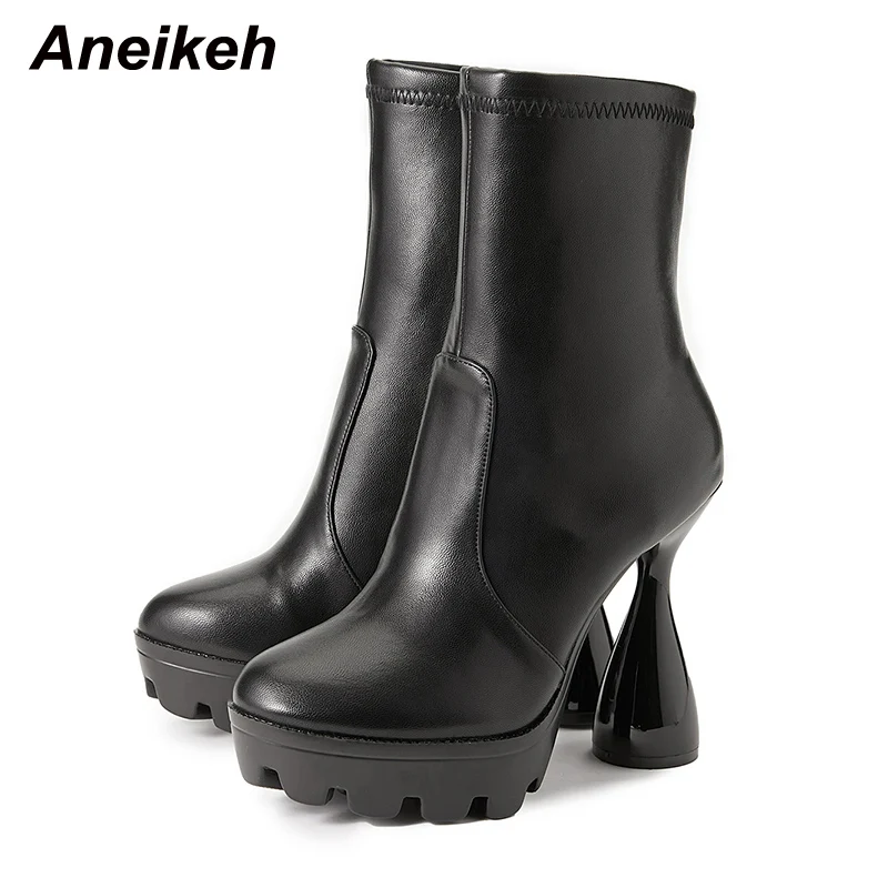 

Модные черные ботинки челси Aneikeh из искусственной кожи с круглым носком и боковыми молниями на массивном каблуке на платформе женские весен...