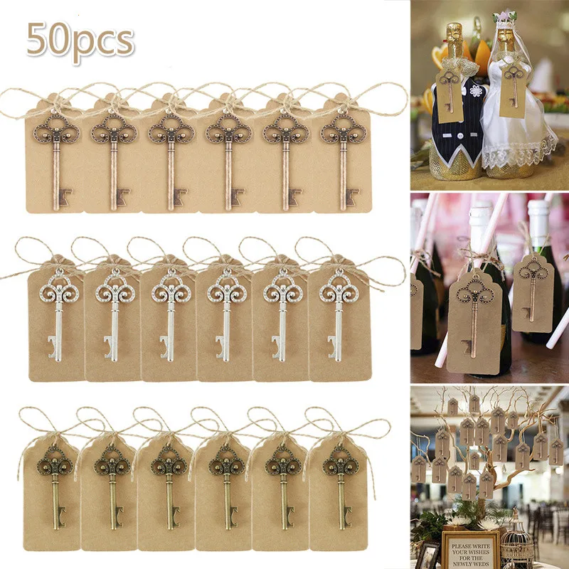 

50pcs Key Bottle Opener with Tags Keychain Vintage Wedding Bridal Shower Favors Wedding Souvenirs Metal Bottle Opener for Guest