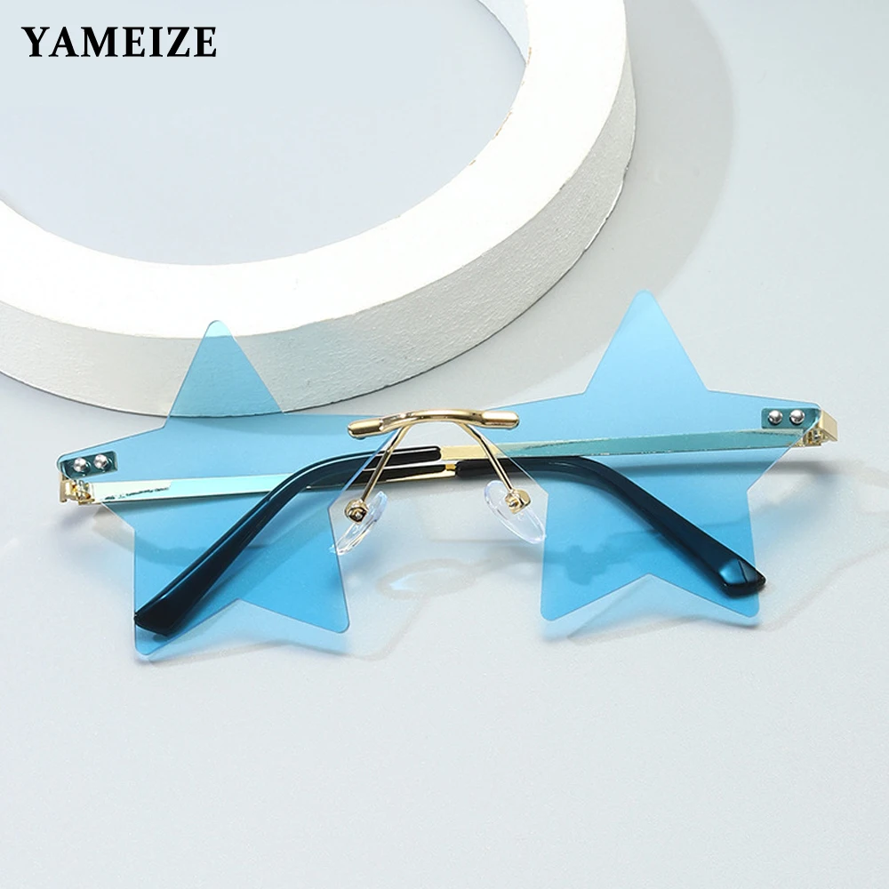 

YAMEIZE Fashion Rimless Sunglasses Star Shaped Steampunk Sun Glasses Clear Lens Eyewear Prom Party Eyeglasses Shades Gafas UV400