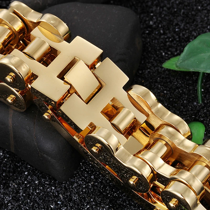 

New Dubai Gold Color Bike Link Chain Bracelet 23cm Men's Stainless Steel Heavy Chunky Bicycle Chain Bracelet For Big Wrist