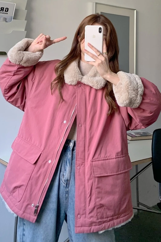

Pink Tooling Style Cotton Coat Jacket Female Autumn and Winter Warm and Loose Parka Korean Version of the Fur Collar Cotton Coat