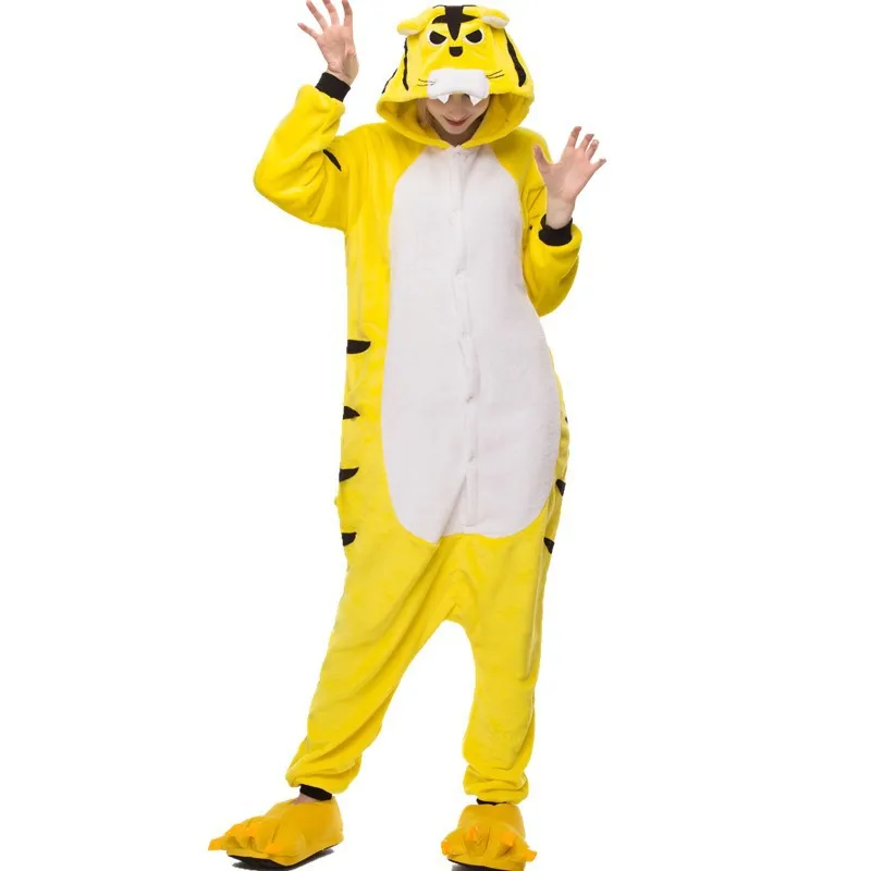 Yellow Animal Cartoon Tiger Pajamas Flannel Adult Unisex Home One-piece Sleepwear Christmas Halloween Cosplay Onesie Costume