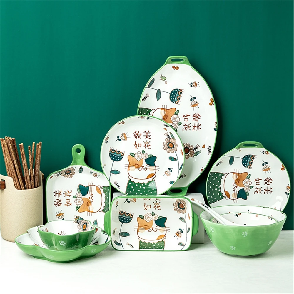 

Tableware Sets Japanese Bowl Dish Hand Painted Cartoon Dinner Plate Family Lovely Children's Bowl Rice Bowl Vegetable Plate L1