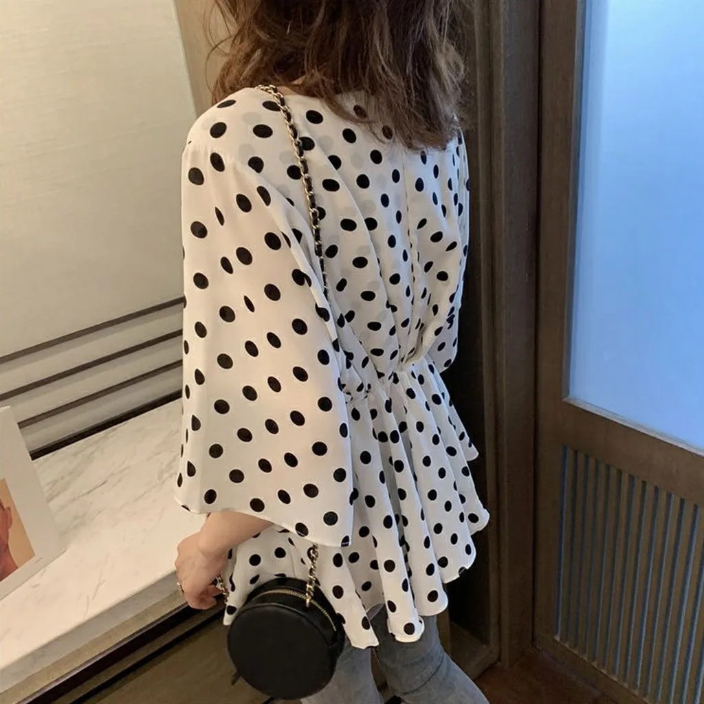 Женская милая стильная блузка в горошек с коротким рукавом летняя рубашка для