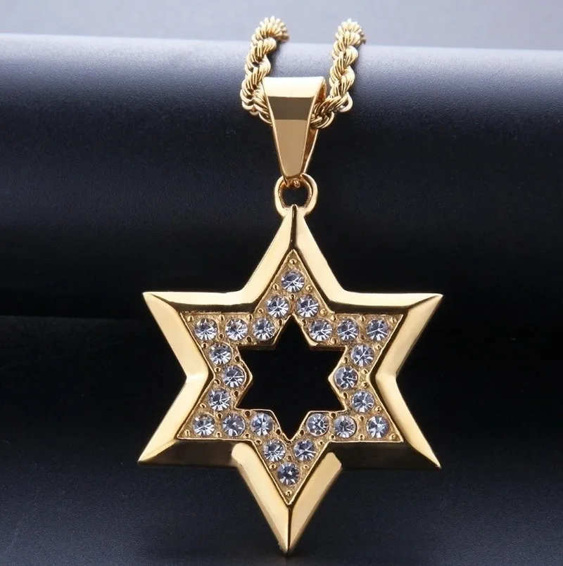 

Hip Hop Bling Iced Out Rhinestone Gold Jewish Star of David Pendant Necklace for Men Rapper Jewelry