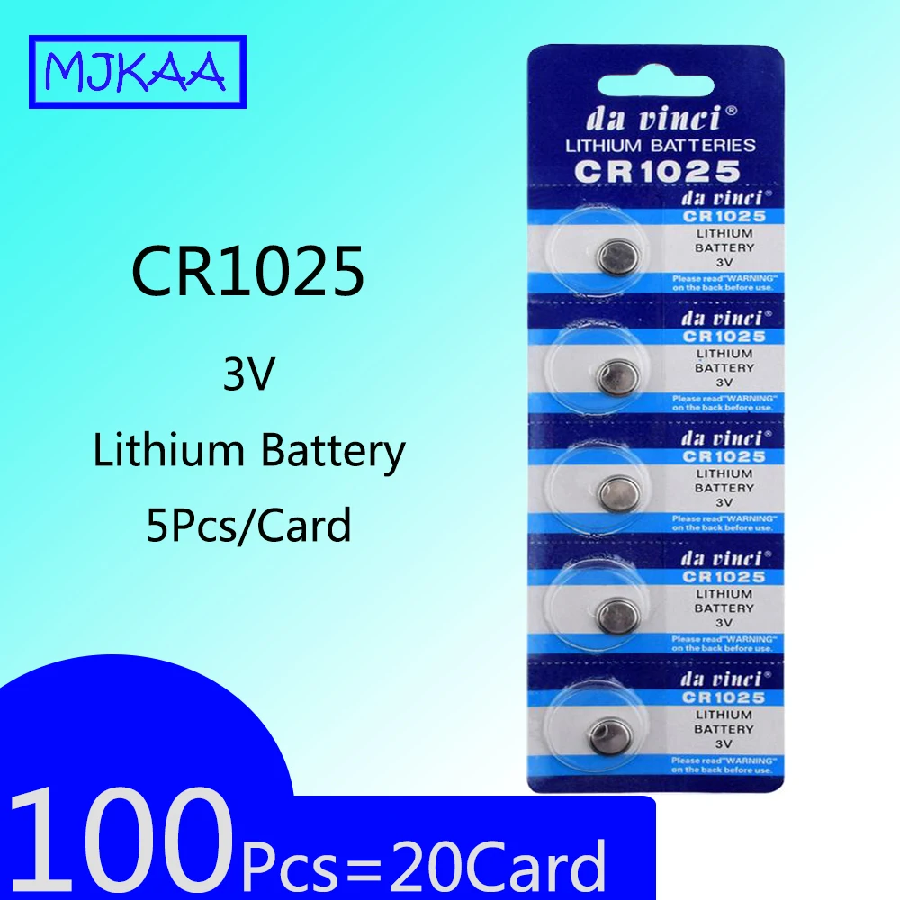 100Pcs=20Card 3V Lithium CR1025 Button Battery Coin Cell Batteries Replacement High Energy Density For LED Lights Toys Watches |