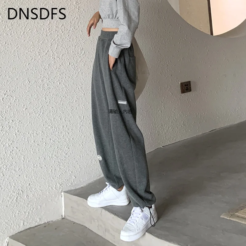 Серые брюки с завязками на ногах женские осенне зимние спортивные повседневные