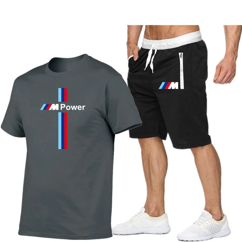 

2021 men's suit t-shirt + male and female casual two-piece sports pants bmw brand printed suit top + pants gym fitness pants