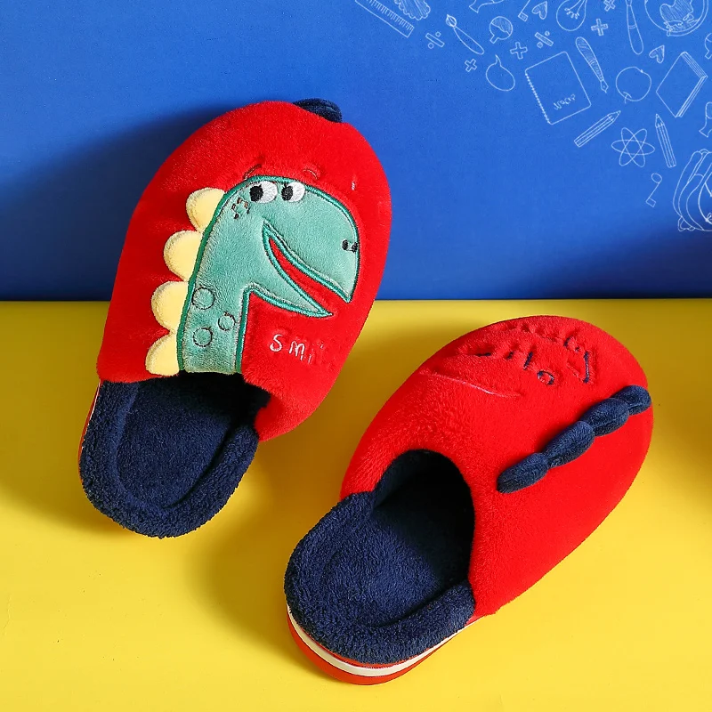 

Winter Kids Slippers Cartoon Furry Dinosaur Plush Home Slippers Indoor Slides For Boys Girls Soft Faux Fur Slippers Shoes