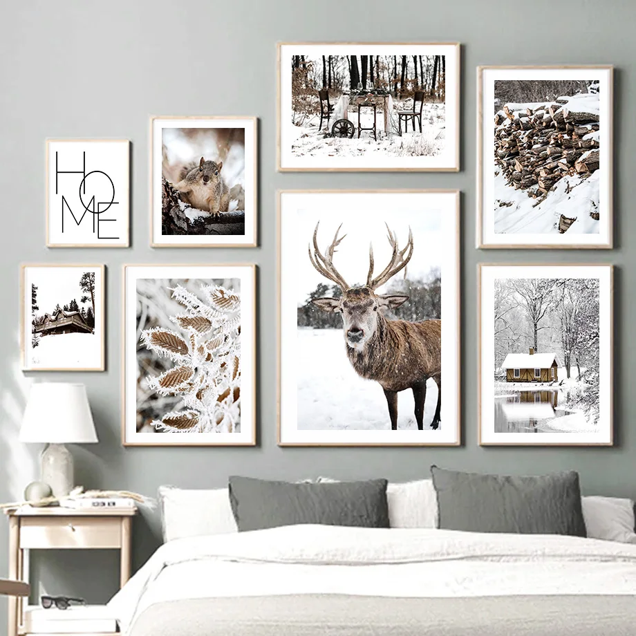 

Winter Snow Forest Deer Wooden House Leaf Wall Art Canvas Painting Nordic Posters And Prints Wall Pictures For Living Room Decor