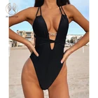 Peachtan глубокий купальные костюмы V-Neck для женщин строка повязку Цельный купальник для женщин спинки Монокини Твердые банный костюм пляжная одежда 2021