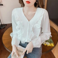 new women blouse tops white ruffles v neck long sleeve chiffon blouse 2021 casual wear office blusas femininas ladies shirt 118g