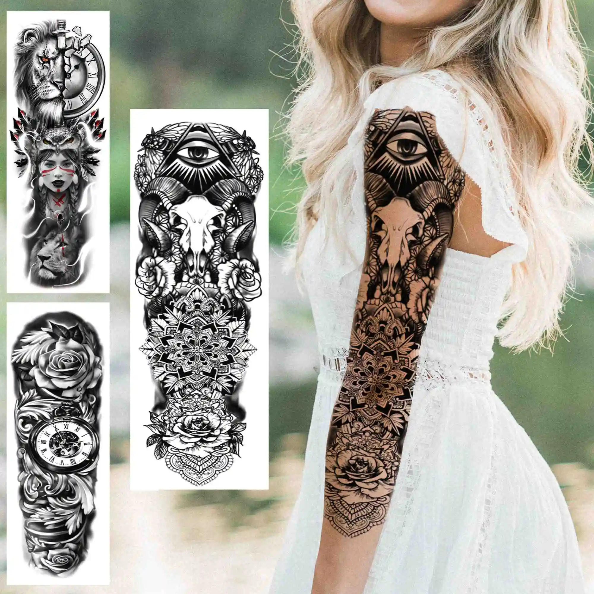 Олень Лось розы временная татуировка рукав для Для женщин мужчин с клипсами