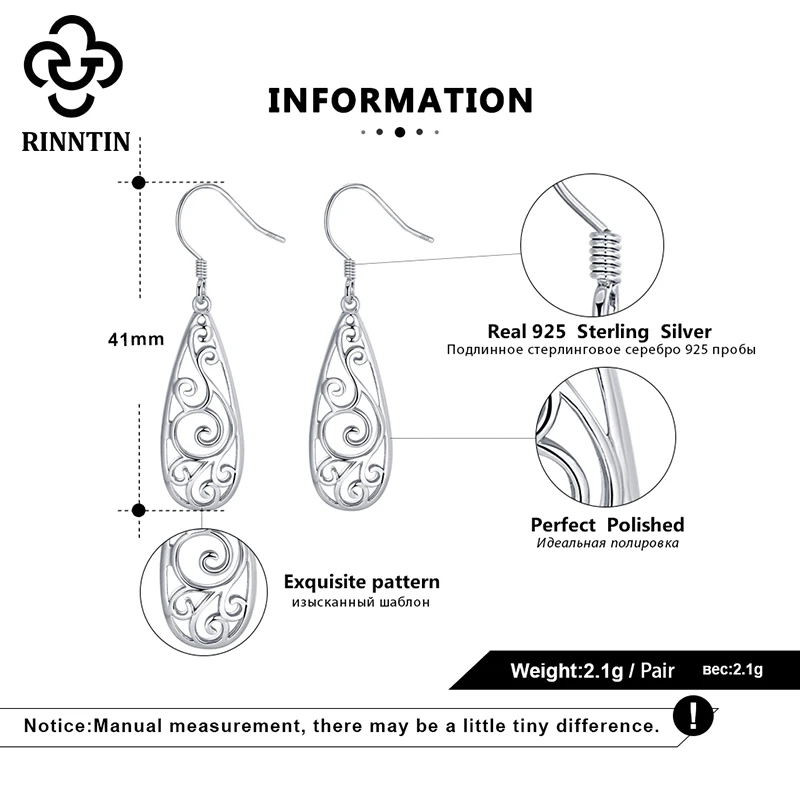 

Rinntin 100% 925 Sterling Silver Dangle Drop Earrings Women Hook Earrings Hollowed Statement Wedding Jewelry Gifts TSE80