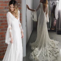 sexy backless beach boho wedding dress full lace 2020 long flare sleeves a line deep v neck bridal gowns train bride dress