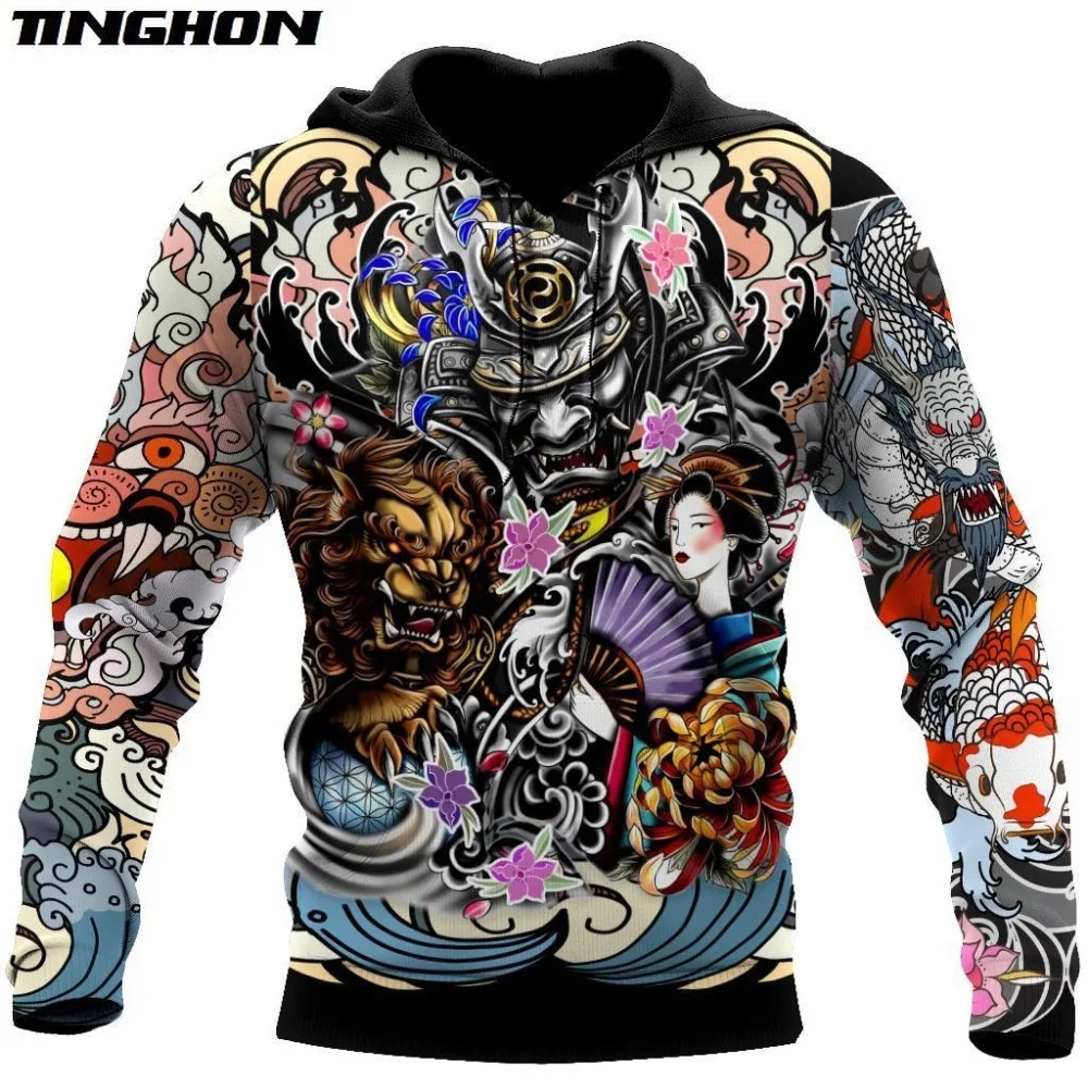 

Brand Fashion Autumn Hoodies Samurai Geisha and Lion Tattoo 3D Printed Mens Sweatshirt Unisex Zip Pullover Casual Jacket WS24