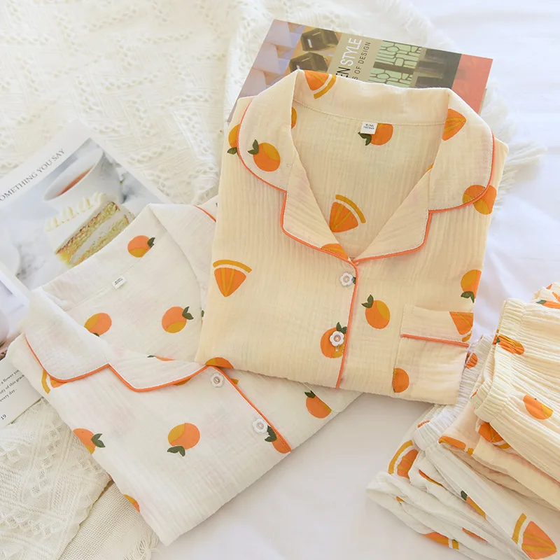 

Woman Pajama Set Crepe Cotton Sleepwear Suit Orange Print Homewear Fresh Lapel Cardigan Nightwear Ladies Long-Sleeve Two Piece