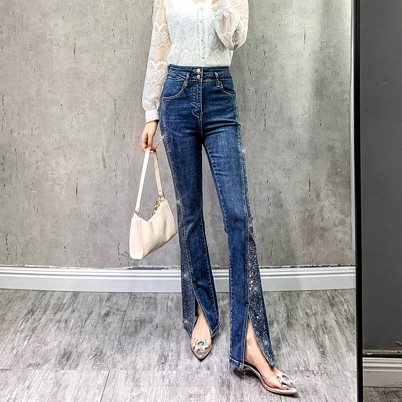 

Hot Drilling Split Slightly Flared Jeans Women's High Waist 2021 Autumn New Straight Wide Leg Loose Draping Mopping Pants