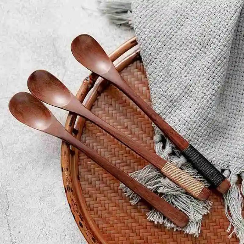 

Japanese-style Wood Spoon Tableware Wooden Long-handle Small Round Spoon Anti-scald Tea Coffee Stirring Spoons Kitchen Tableware