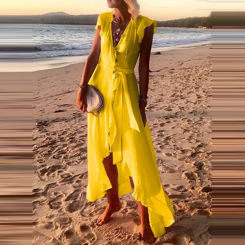 

Summer Women Fashion V Neck Casual Solid Color Ruffled Sleeves Tassel A-line Dress Elegant Irregular Bohemia Beach Party Dresses