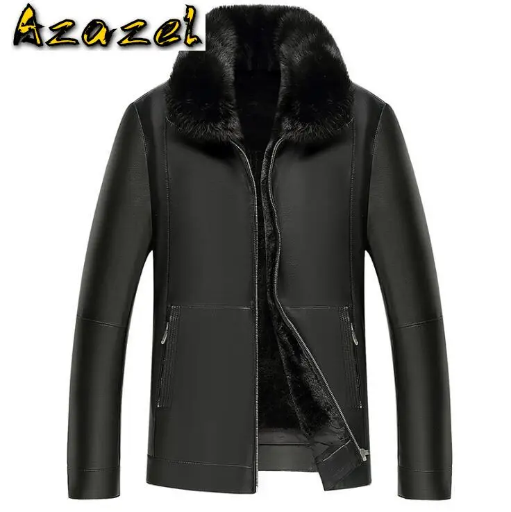 Мужское пальто из натуральной овечьей кожи с воротником меха енота в деловом