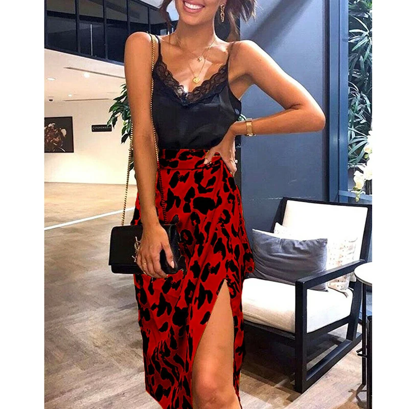 Женская леопардовая юбка облегающая с поясом со шнуровкой и Боковым