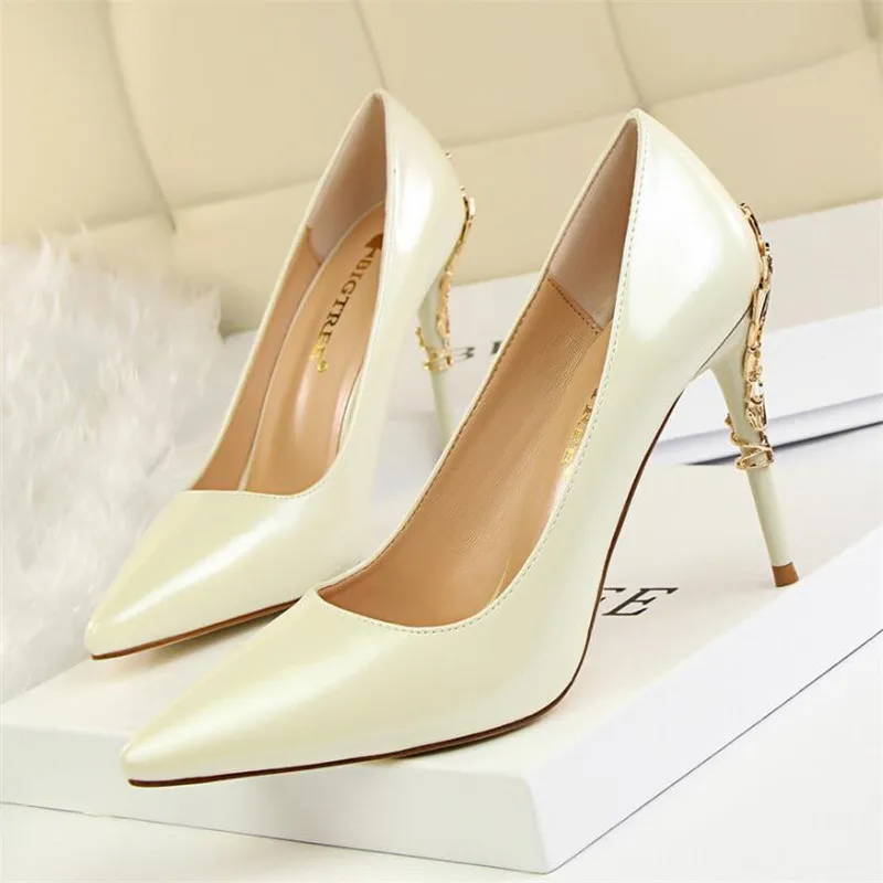 

Fashion sexy metal with women's shoes with stiletto high-heeled shallow mouth pointed patent leather was thin single shoes