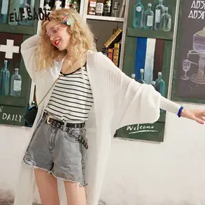 Женский вязаный кардиган ELFSACK, черный однотонный Повседневный длинный кардиган с рукавами-фонариками и белой оборкой, весна 2020, топы на каждый день