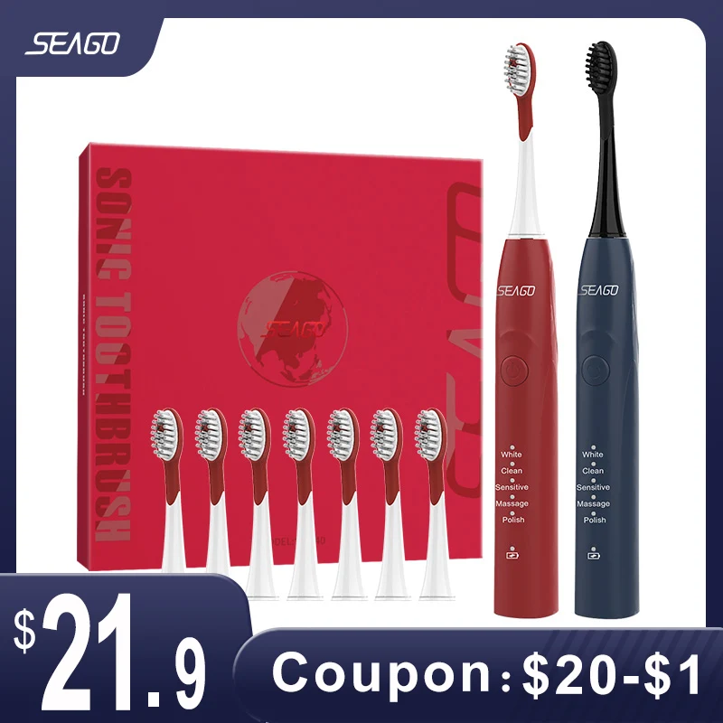 

SEAGO Sonic Toothbrush Adult Waterproof Electric Tooth Brush Rechargeable Teeth Whitening with Replacement 8 Brush Heads SG540