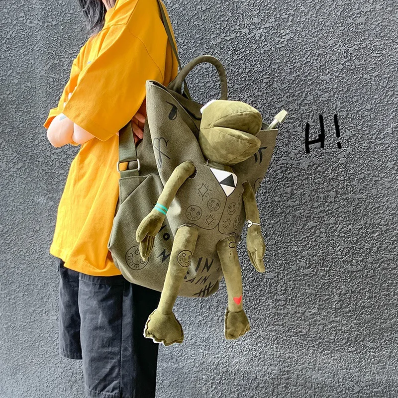 Frog Stereo Doll Backpack  Girls Canvas Doodle Backpack School Bag Kawaii Women's Shoulder Bag Large-capacity Travel Bag